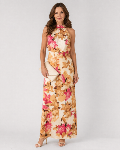 Cekel | Vestido Midi Fluido con Escote Halter y Estampado Botánico