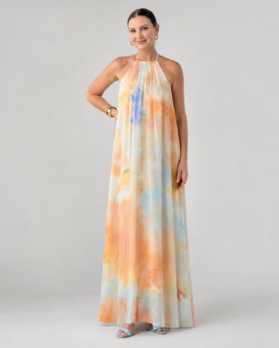 Eloque | Vestido Maxi Fluido de Cuello Halter en Acuarela