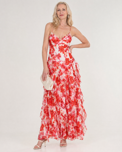 Vugeh | Vestido Midi Sin Mangas con Volantes de Flores Acuareladas