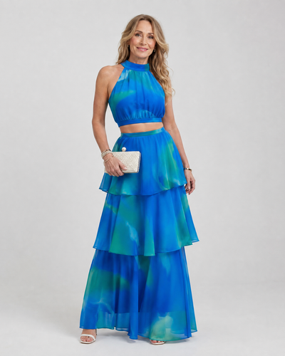 Mique | Vestido Maxi Cortado con Halter Floral Natural