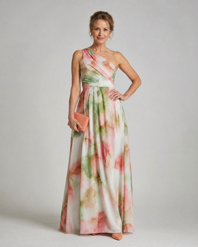 Olene | Vestido Maxi Fluido de Acuarela con Un Hombro